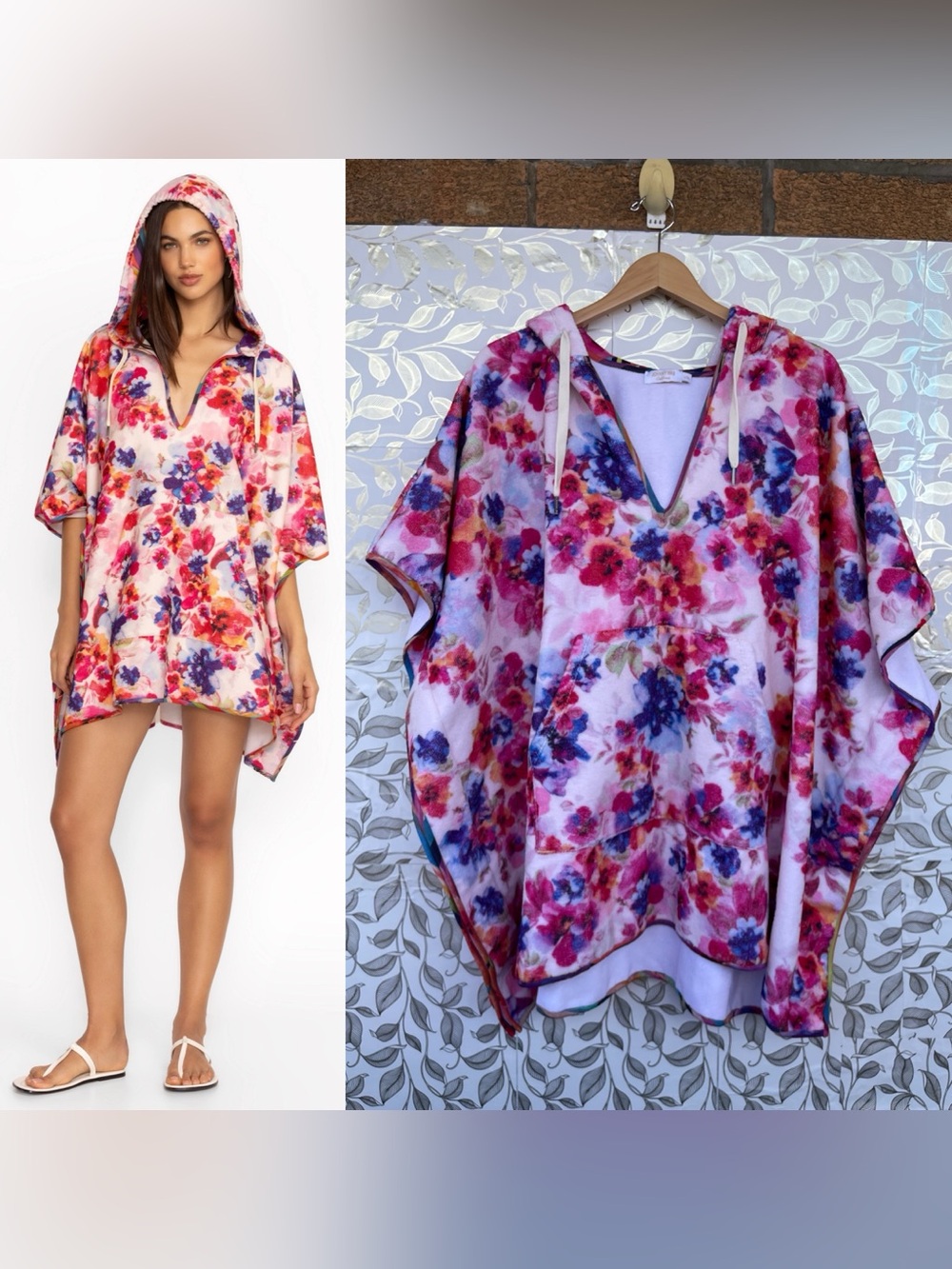 Johnny Was Summer Days Floral Terry Cloth Poncho Hoodie Swim Cover Up L/XL